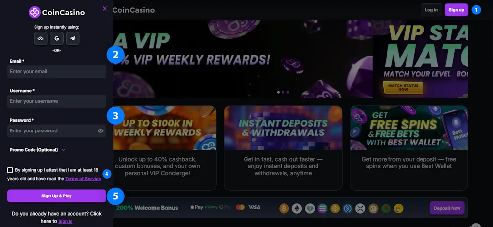CoinCasino Registreringstrinn Screenshots Banner